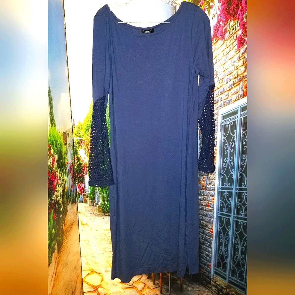Navy Blue Long Dress Net Texture Sleeves. (make an offer)